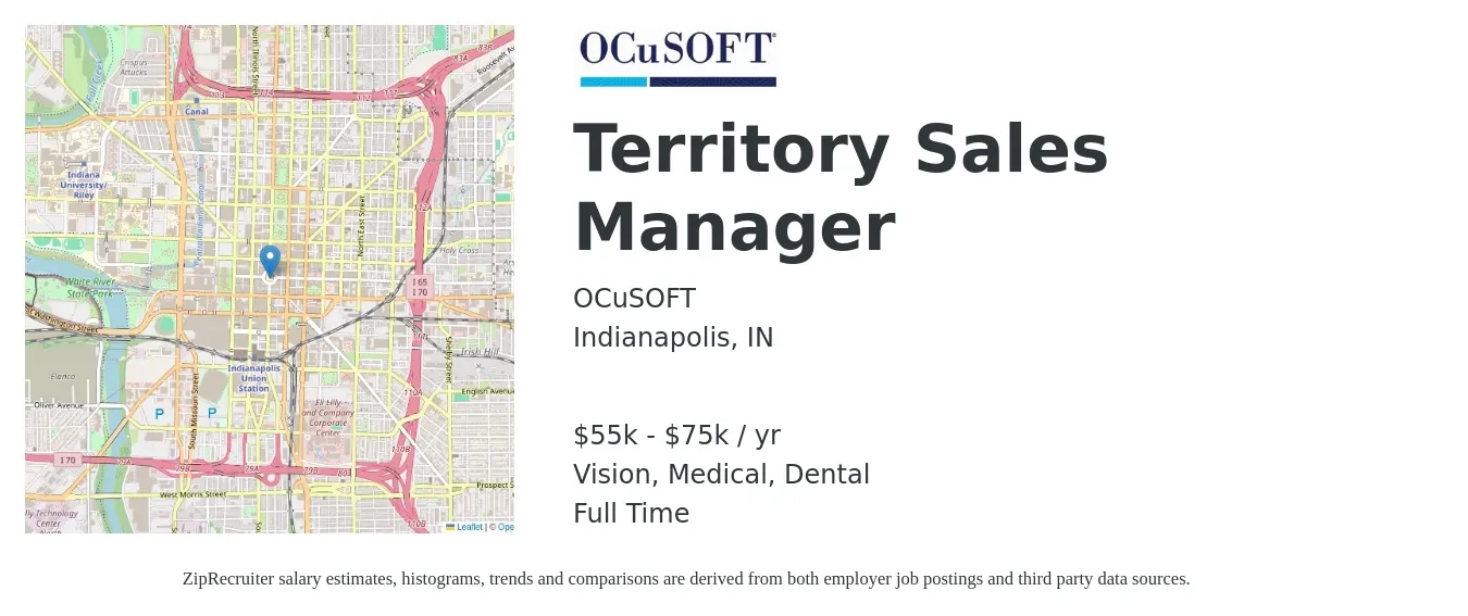 OCuSOFT job posting for a Territory Sales Manager in Indianapolis, IN with a salary of $55,000 to $75,000 Yearly and benefits including dental, life_insurance, medical, retirement, and vision with a map of Indianapolis location.