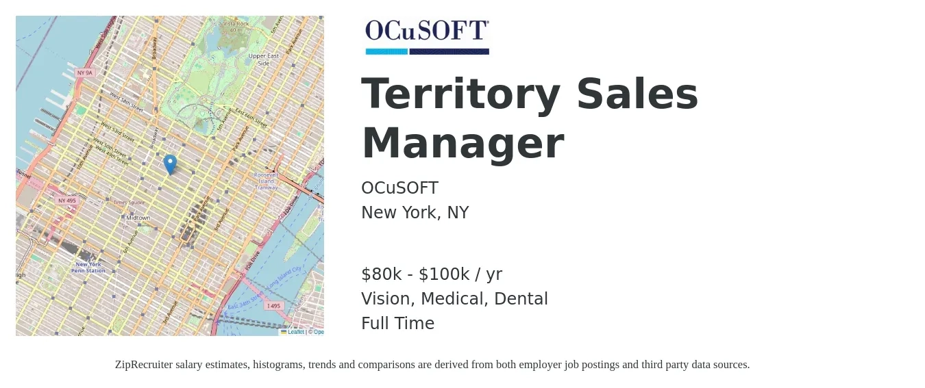 OCuSOFT job posting for a Territory Sales Manager in New York, NY with a salary of $80,000 to $100,000 Yearly and benefits including dental, life_insurance, medical, retirement, and vision with a map of New York location.