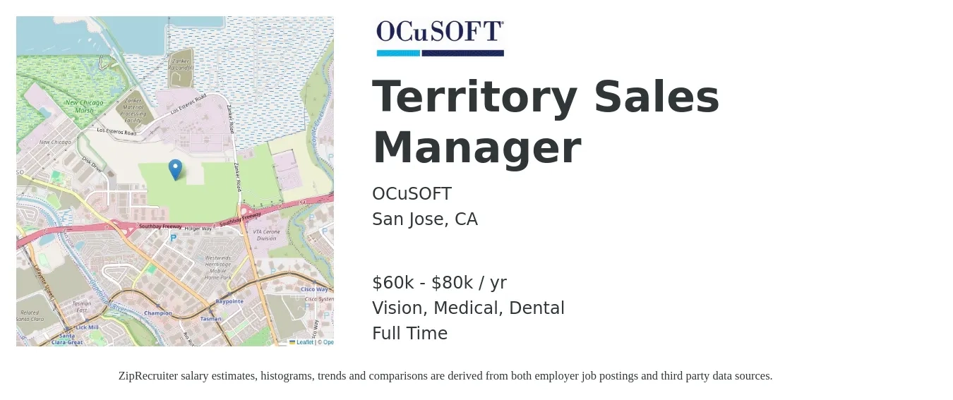 OCuSOFT job posting for a Territory Sales Manager in San Jose, CA with a salary of $60,000 to $80,000 Yearly and benefits including dental, life_insurance, medical, retirement, and vision with a map of San Jose location.