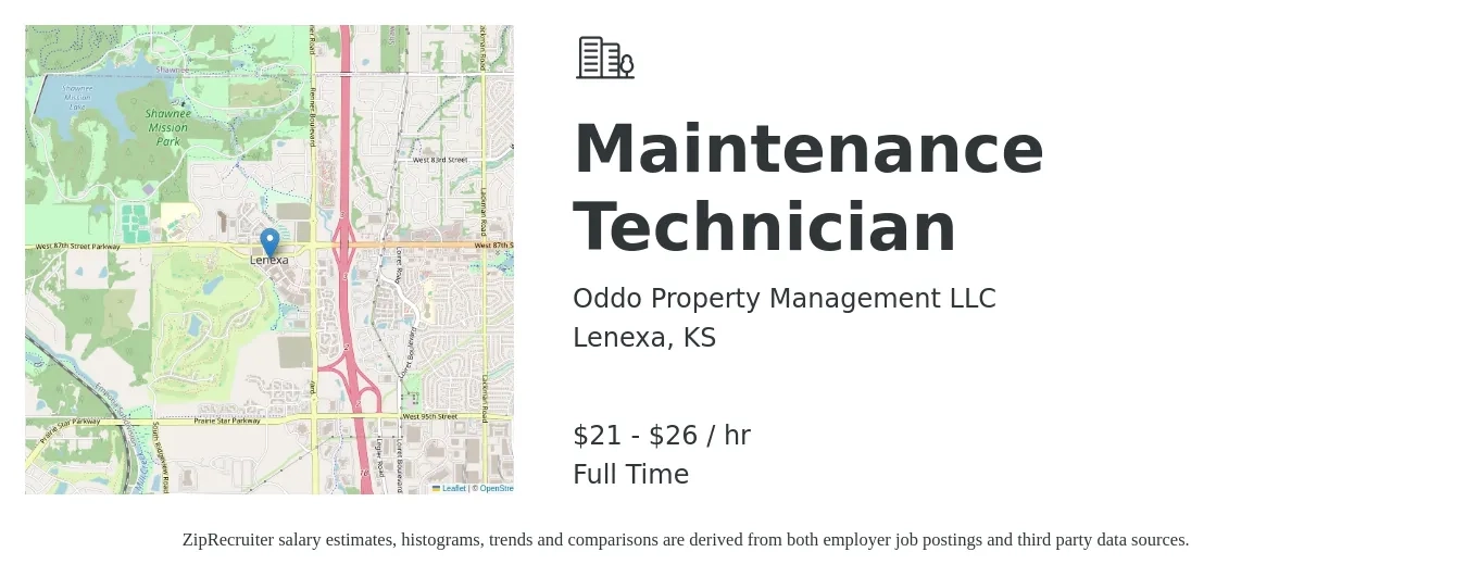 Oddo Property Management LLC job posting for a Maintenance Technician in Lenexa, KS with a salary of $22 to $28 Hourly with a map of Lenexa location.