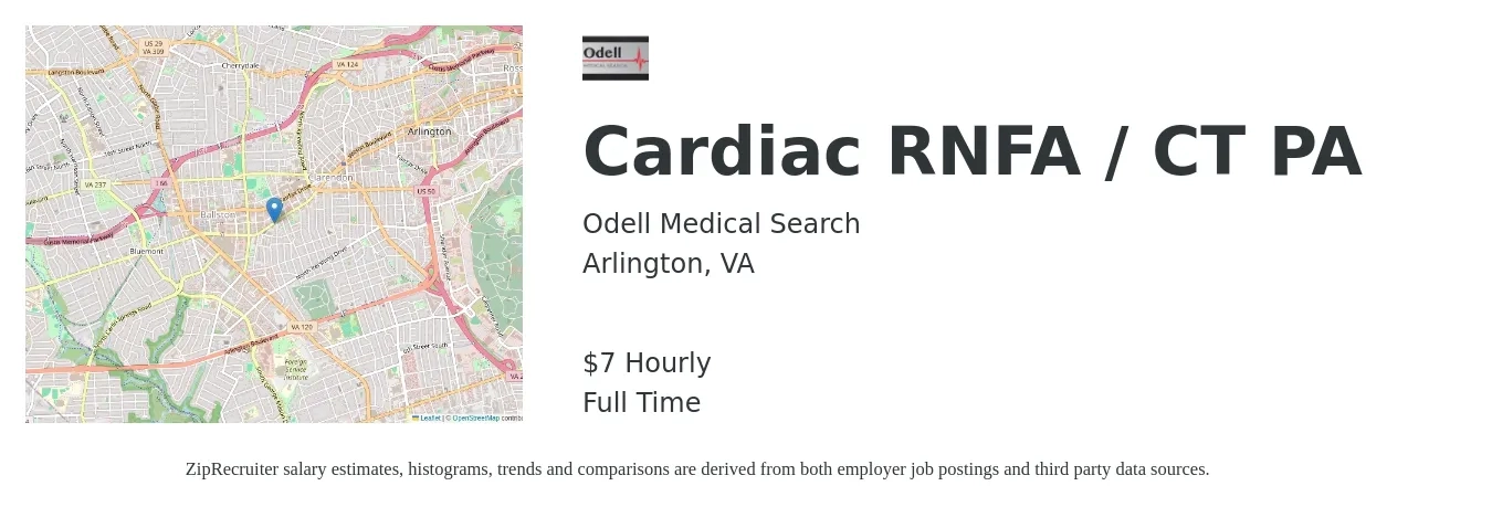Odell Medical Search job posting for a Cardiac RNFA / CT PA in Arlington, VA with a salary of $8 Hourly with a map of Arlington location.