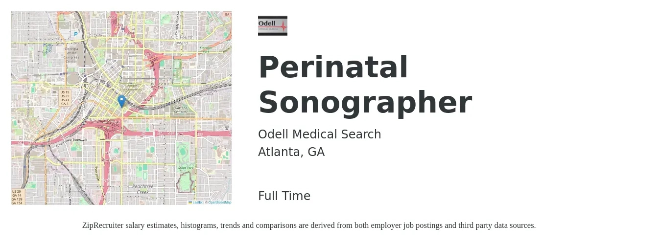 Odell Medical Search job posting for a Perinatal Sonographer in Atlanta, GA with a salary of $1,560 to $2,640 Weekly with a map of Atlanta location.