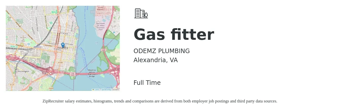 ODEMZ PLUMBING job posting for a Gas fitter in Alexandria, VA with a salary of $24 to $34 Hourly with a map of Alexandria location.