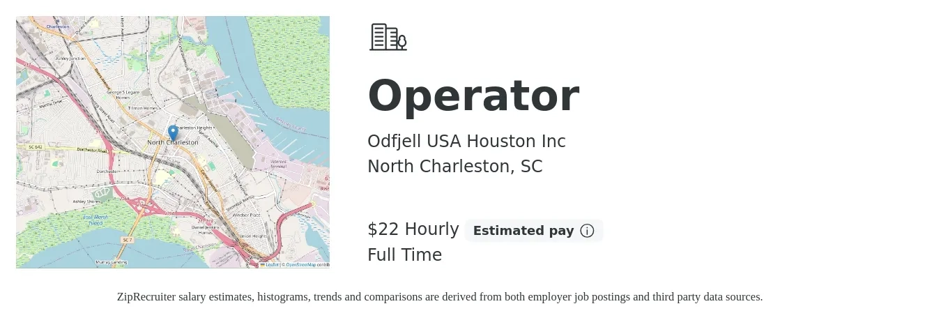 Odfjell USA Houston Inc job posting for a Operator in North Charleston, SC with a salary of $24 Hourly with a map of North Charleston location.