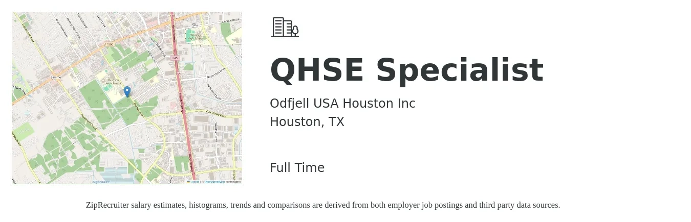 Odfjell USA Houston Inc job posting for a QHSE Specialist in Houston, TX with a salary of $36,100 to $63,200 Yearly with a map of Houston location.
