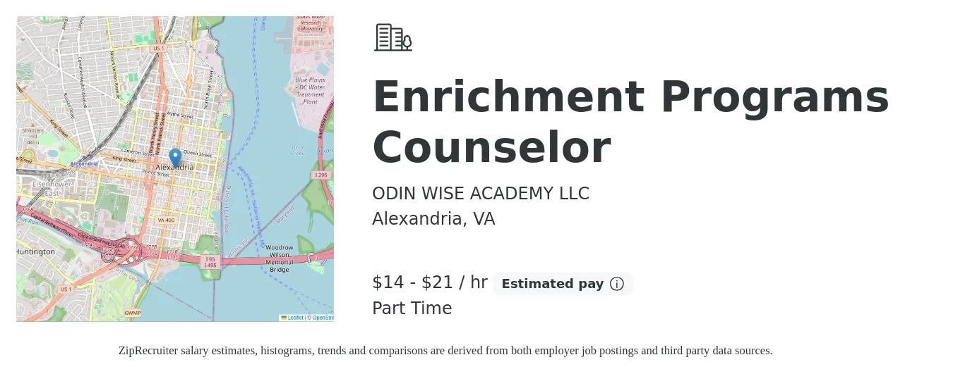 ODIN WISE ACADEMY LLC job posting for a Enrichment Programs Counselor in Alexandria, VA with a salary of $15 to $22 Hourly with a map of Alexandria location.