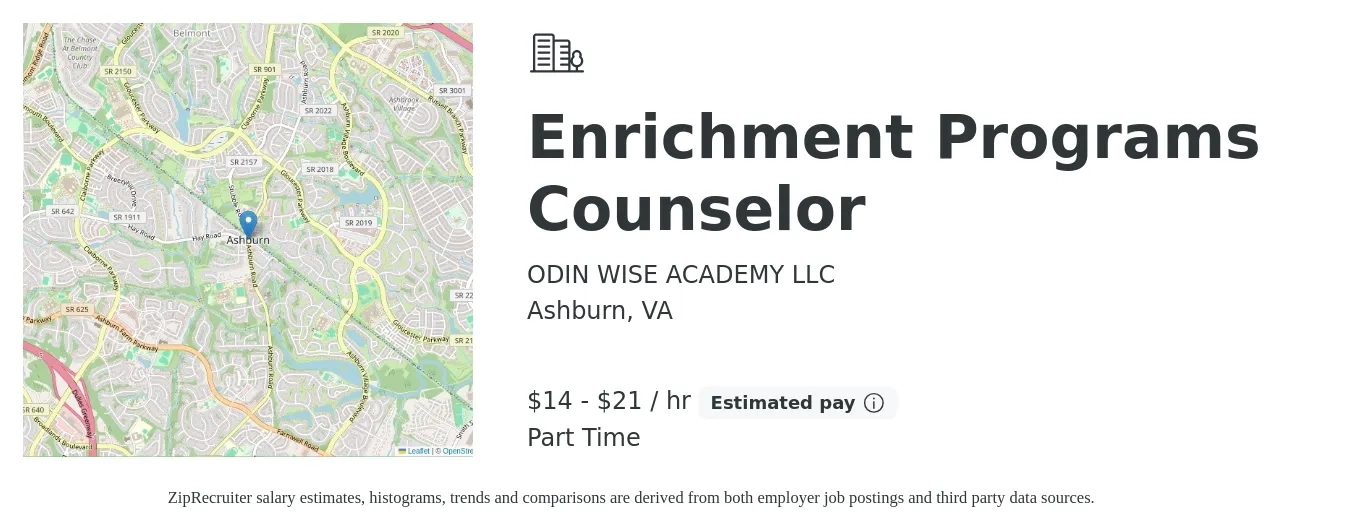 ODIN WISE ACADEMY LLC job posting for a Enrichment Programs Counselor in Ashburn, VA with a salary of $15 to $22 Hourly with a map of Ashburn location.