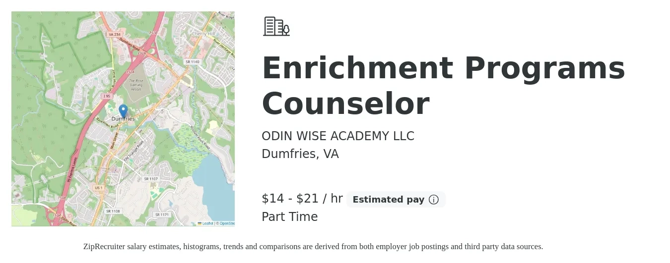 ODIN WISE ACADEMY LLC job posting for a Enrichment Programs Counselor in Dumfries, VA with a salary of $15 to $22 Hourly with a map of Dumfries location.