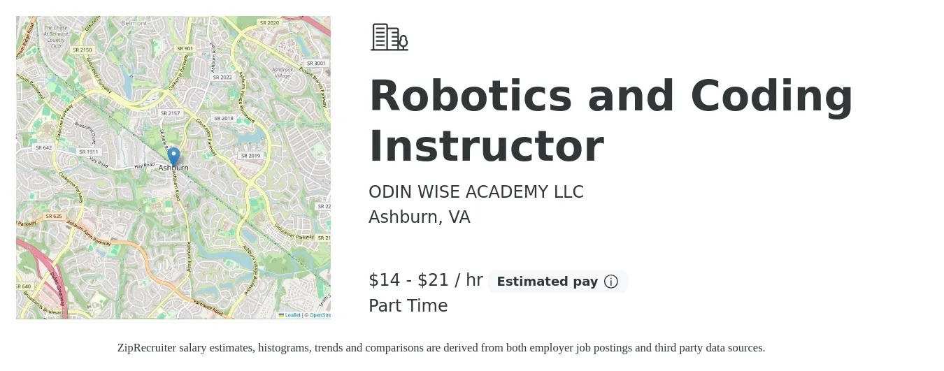 ODIN WISE ACADEMY LLC job posting for a Robotics and Coding Instructor in Ashburn, VA with a salary of $15 to $22 Hourly with a map of Ashburn location.