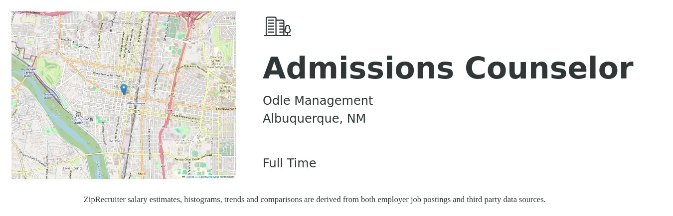 Odle Management job posting for a Admissions Counselor in Albuquerque, NM with a salary of $37,300 to $50,400 Yearly with a map of Albuquerque location.