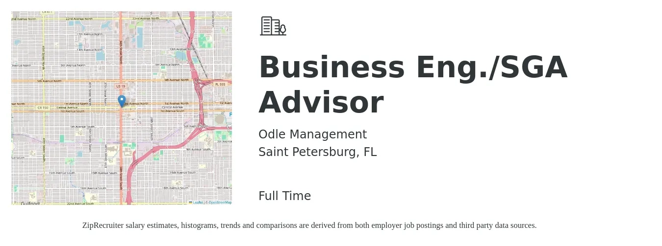 Odle Management job posting for a Business Eng./SGA Advisor in Saint Petersburg, FL with a salary of $49,200 to $81,300 Yearly with a map of Saint Petersburg location.