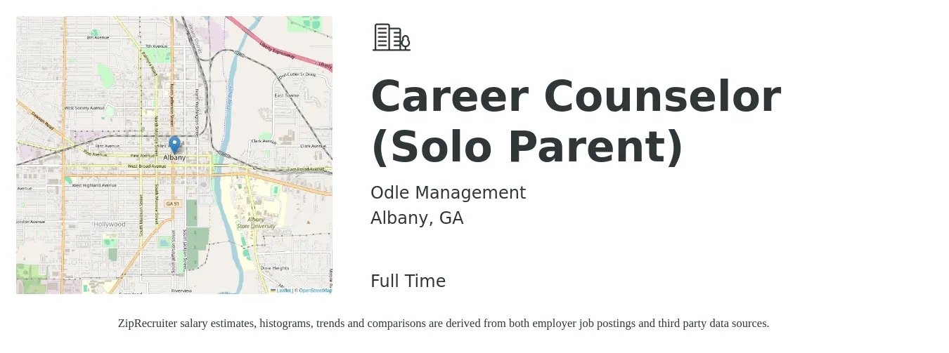 Odle Management job posting for a Career Counselor (Solo Parent) in Albany, GA with a salary of $36,200 to $46,400 Yearly with a map of Albany location.