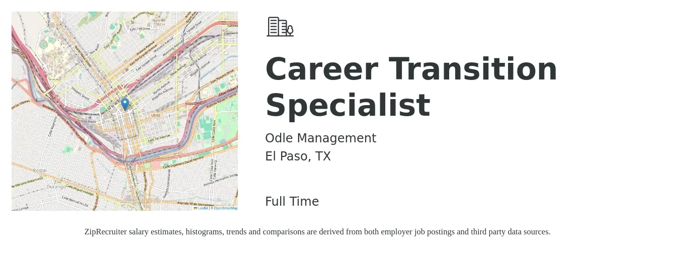 Odle Management job posting for a Career Transition Specialist in El Paso, TX with a salary of $35,300 to $51,100 Yearly with a map of El Paso location.