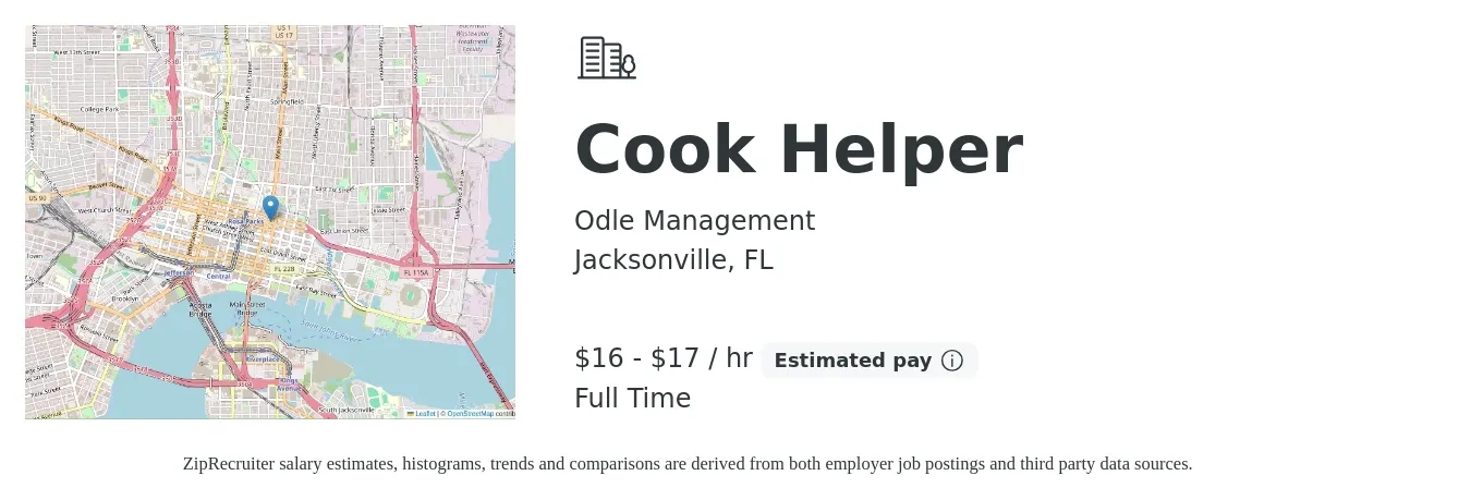 Odle Management job posting for a Cook Helper in Jacksonville, FL with a salary of $17 to $18 Hourly with a map of Jacksonville location.