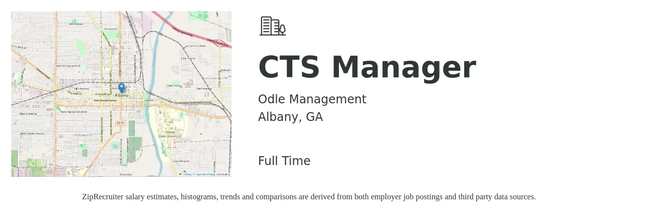 Odle Management job posting for a CTS Manager in Albany, GA with a salary of $46,400 to $108,200 Yearly with a map of Albany location.