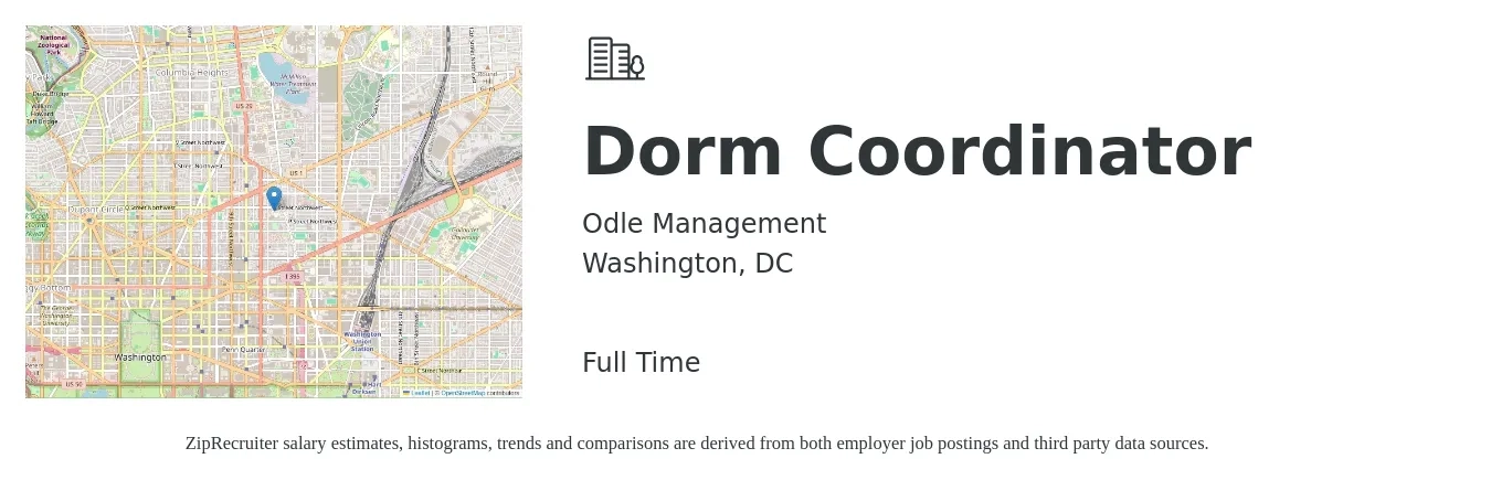 Odle Management job posting for a Dorm Coordinator in Washington, DC with a salary of $21 to $28 Hourly with a map of Washington location.