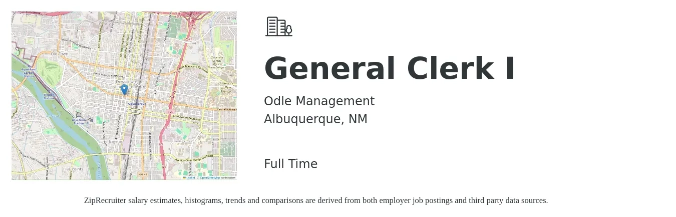 Odle Management job posting for a General Clerk I in Albuquerque, NM with a salary of $15 to $19 Hourly with a map of Albuquerque location.