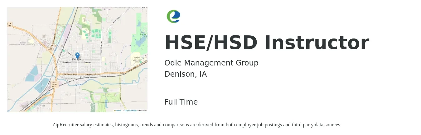Odle Management Group job posting for a HSE/HSD Instructor in Denison, IA with a salary of $17 to $56 Hourly with a map of Denison location.