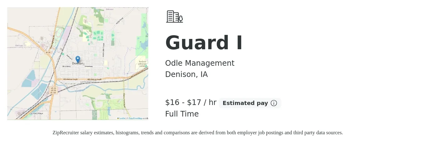 Odle Management job posting for a Guard I in Denison, IA with a salary of $17 to $18 Hourly with a map of Denison location.