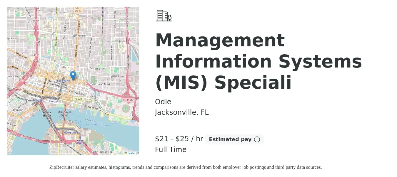 Odle job posting for a Management Information Systems (MIS) Speciali in Jacksonville, FL with a salary of $22 to $26 Hourly with a map of Jacksonville location.