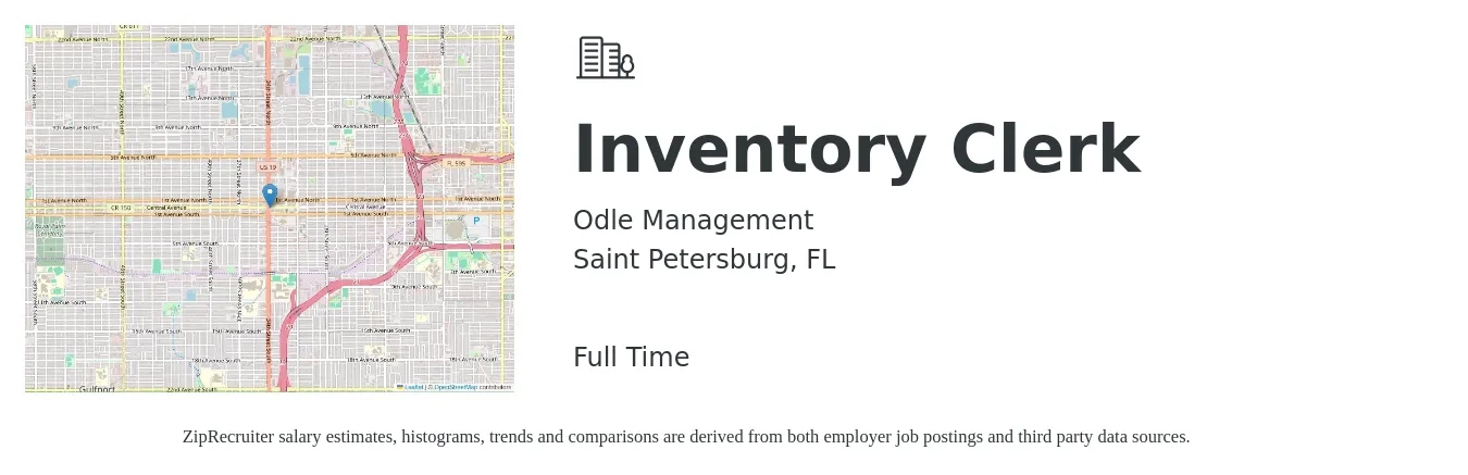 Odle Management job posting for a Inventory Clerk in Saint Petersburg, FL with a salary of $16 to $19 Hourly with a map of Saint Petersburg location.
