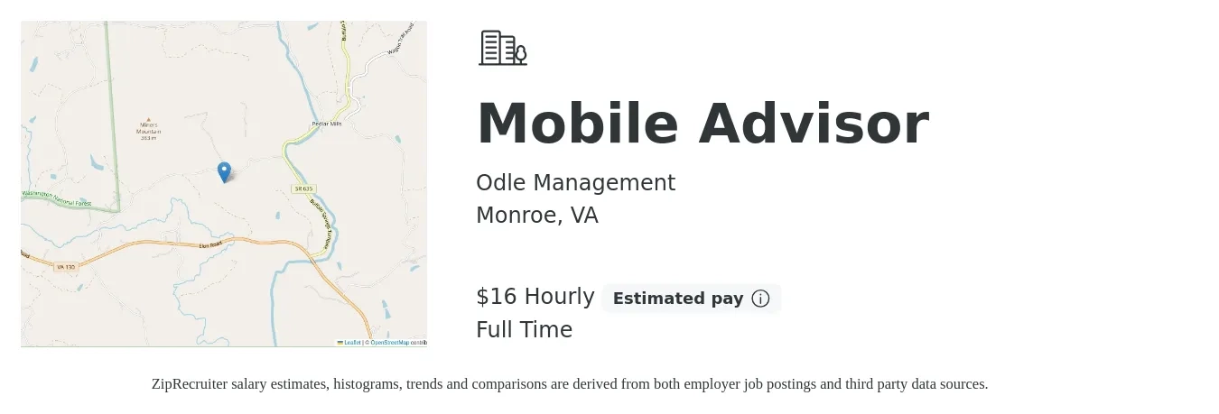 Odle Management job posting for a Mobile Advisor in Monroe, VA with a salary of $18 to $28 Hourly with a map of Monroe location.