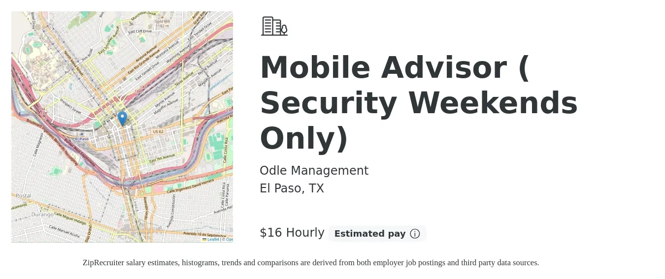Odle Management job posting for a Mobile Advisor ( Security Weekends Only) in El Paso, TX with a salary of $17 Hourly with a map of El Paso location.