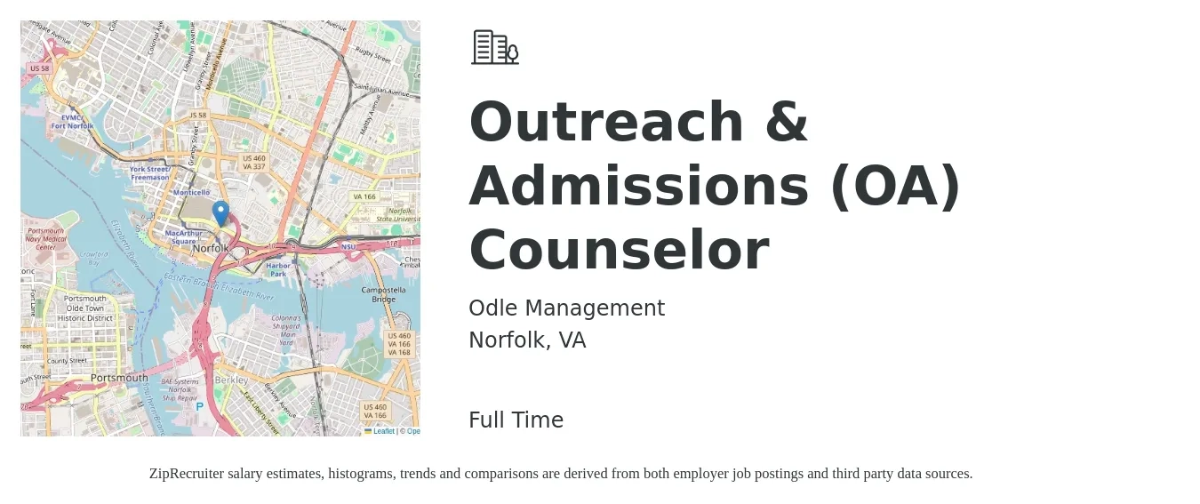 Odle Management job posting for a Outreach & Admissions (OA) Counselor in Norfolk, VA with a salary of $16 to $22 Hourly with a map of Norfolk location.