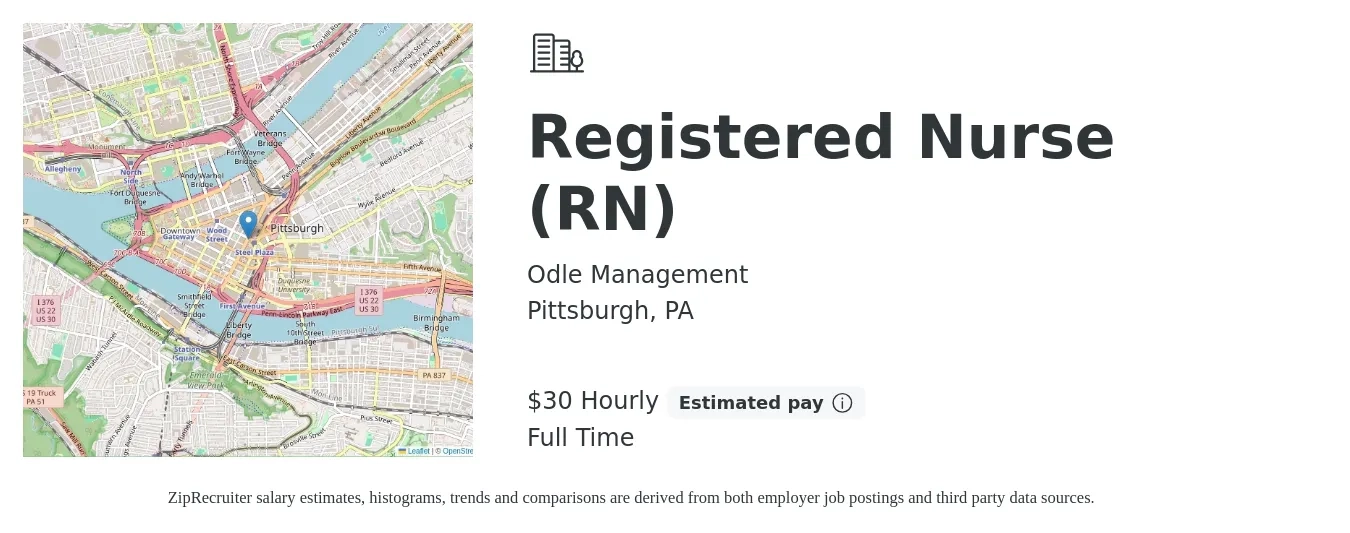 Odle Management job posting for a Registered Nurse (RN) in Pittsburgh, PA with a salary of $32 Hourly with a map of Pittsburgh location.