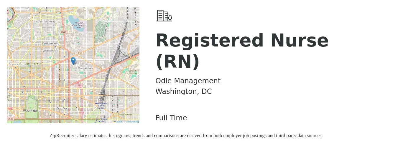Odle Management job posting for a Registered Nurse (RN) in Washington, DC with a salary of $37 to $59 Hourly with a map of Washington location.