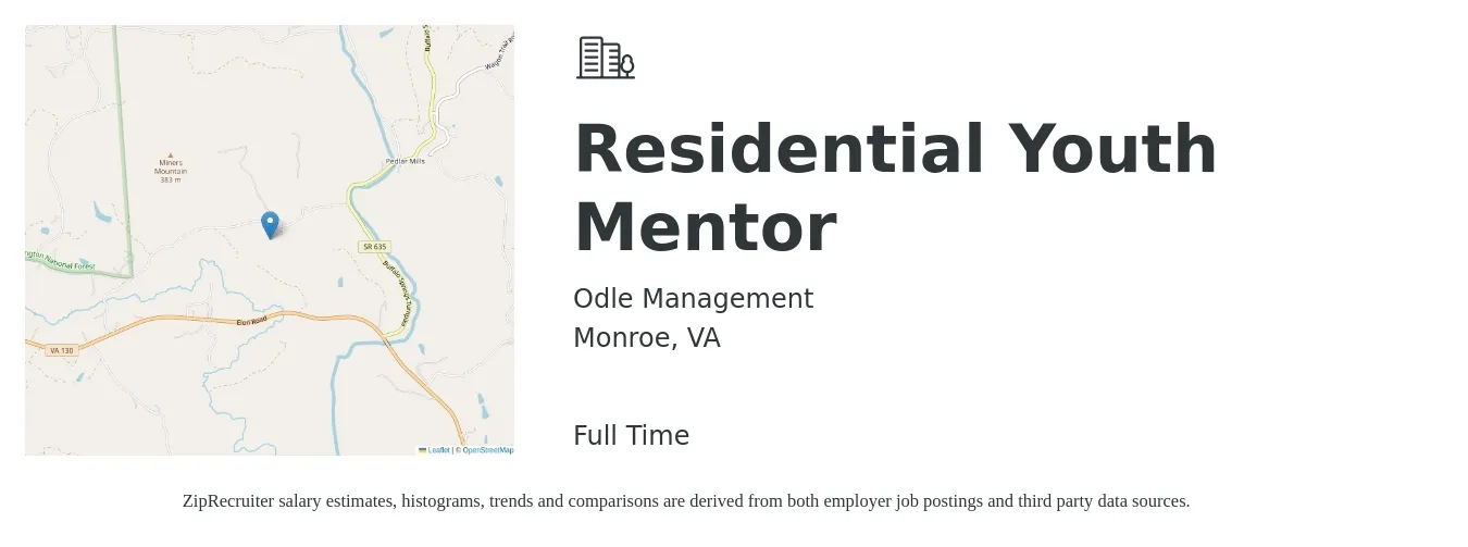 Odle Management job posting for a Residential Youth Mentor in Monroe, VA with a salary of $15 to $18 Hourly with a map of Monroe location.