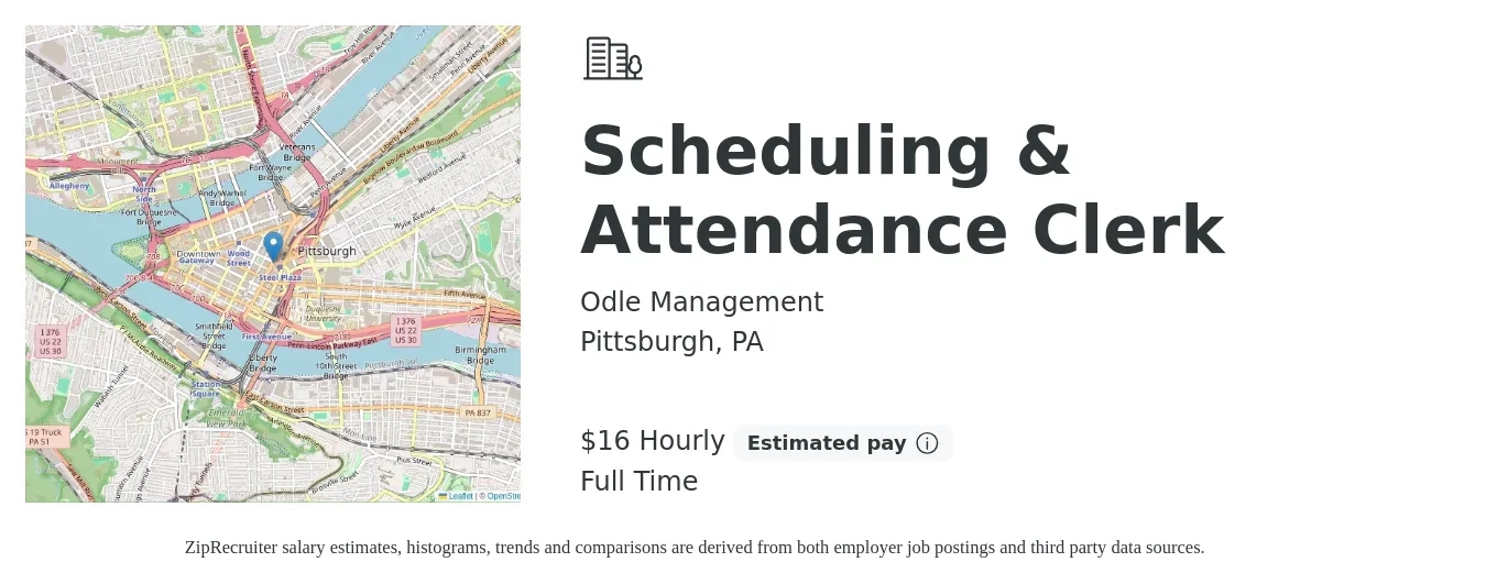 Odle Management job posting for a Scheduling & Attendance Clerk in Pittsburgh, PA with a salary of $17 Hourly with a map of Pittsburgh location.