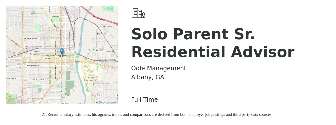 Odle Management job posting for a Solo Parent Sr. Residential Advisor in Albany, GA with a salary of $15 to $18 Hourly with a map of Albany location.
