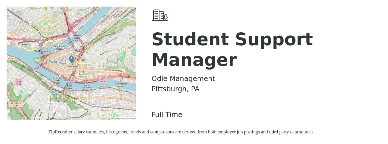 Odle Management job posting for a Student Support Manager in Pittsburgh, PA with a salary of $40,800 to $88,300 Yearly with a map of Pittsburgh location.