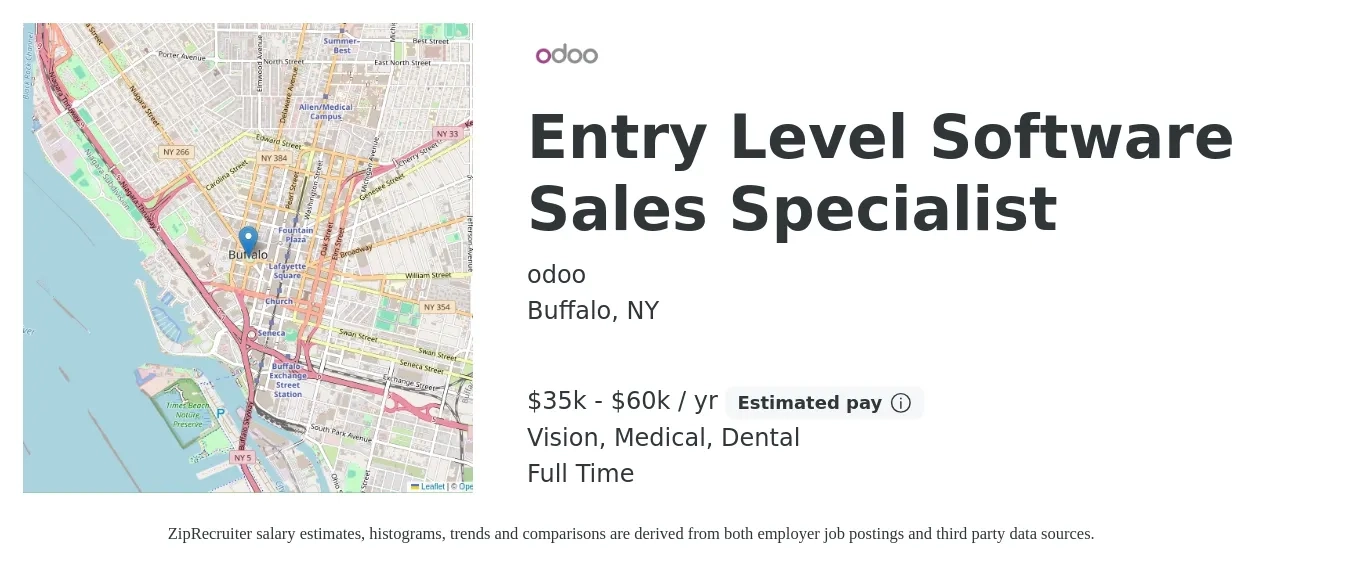 odoo job posting for a Entry Level Software Sales Specialist in Buffalo, NY with a salary of $60,000 Yearly with a map of Buffalo location.