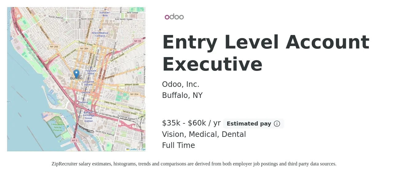 Odoo, Inc. job posting for a Entry Level Account Executive in Buffalo, NY with a salary of $35,000 to $60,000 Yearly (plus commission) and benefits including dental, life_insurance, medical, pto, retirement, and vision with a map of Buffalo location.