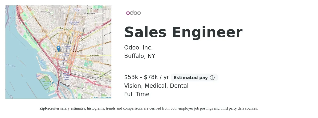 Odoo, Inc. job posting for a Sales Engineer in Buffalo, NY with a salary of $53,000 to $78,000 Yearly (plus commission) and benefits including pto, retirement, vision, dental, life_insurance, and medical with a map of Buffalo location.