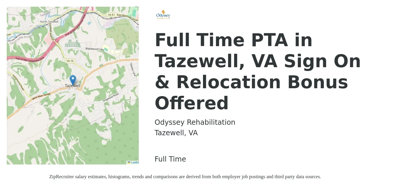 Odyssey Rehabilitation job posting for a Full Time PTA in Tazewell, VA Sign On & Relocation Bonus Offered in Tazewell, VA with a salary of $26 to $34 Hourly with a map of Tazewell location.