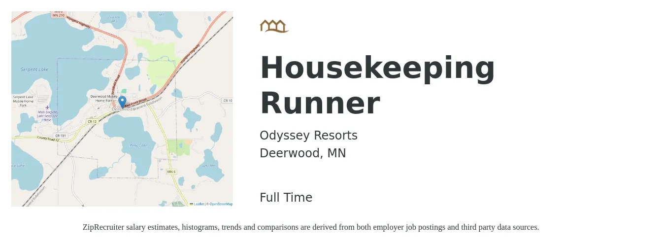 Odyssey Resorts job posting for a Housekeeping Runner in Deerwood, MN with a salary of $14 to $16 Hourly with a map of Deerwood location.