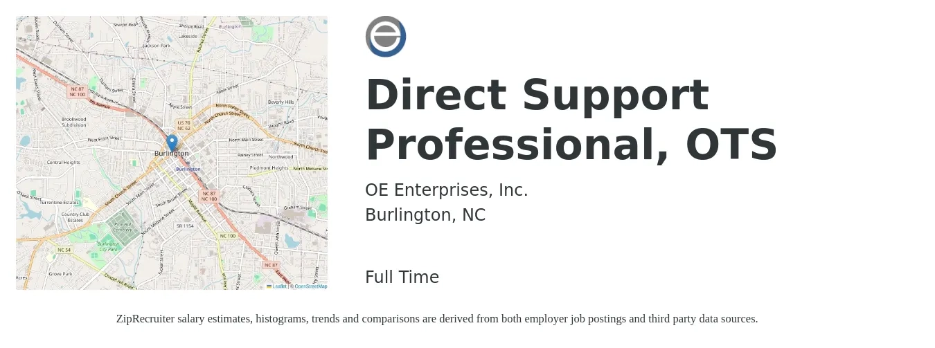 OE Enterprises, Inc. job posting for a Direct Support Professional, OTS in Burlington, NC with a salary of $15 to $17 Hourly with a map of Burlington location.