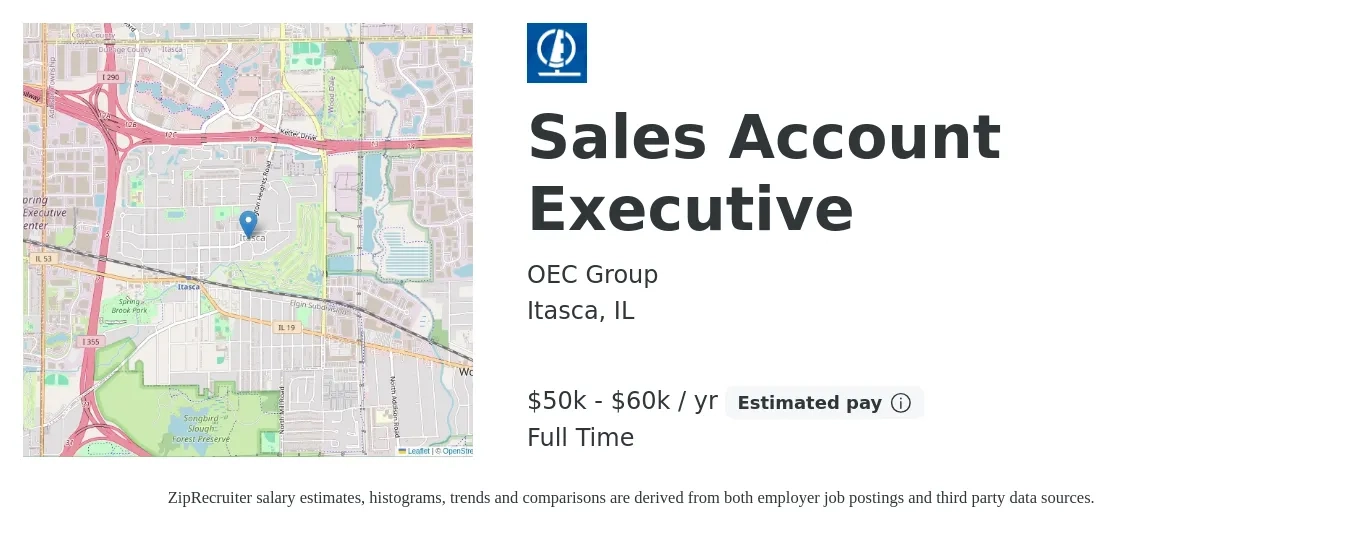 OEC Group job posting for a Sales Account Executive in Itasca, IL with a salary of $50,000 to $60,000 Yearly with a map of Itasca location.