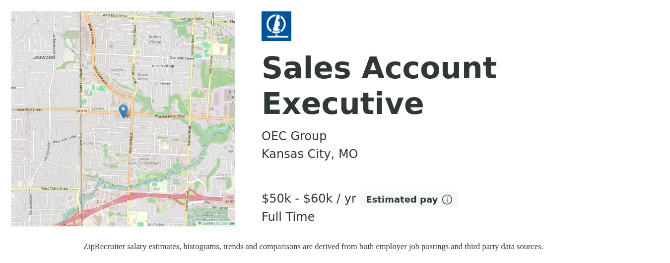 OEC Group job posting for a Sales Account Executive in Kansas City, MO with a salary of $50,000 to $60,000 Yearly with a map of Kansas City location.