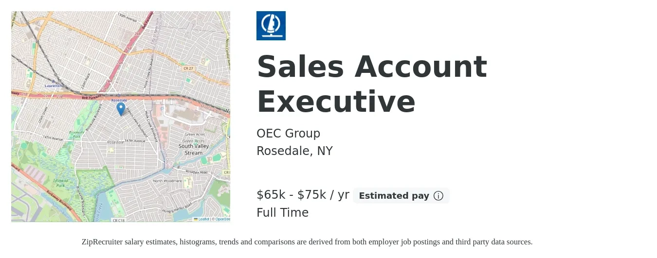 OEC Group job posting for a Sales Account Executive in Rosedale, NY with a salary of $65,000 to $75,000 Yearly with a map of Rosedale location.