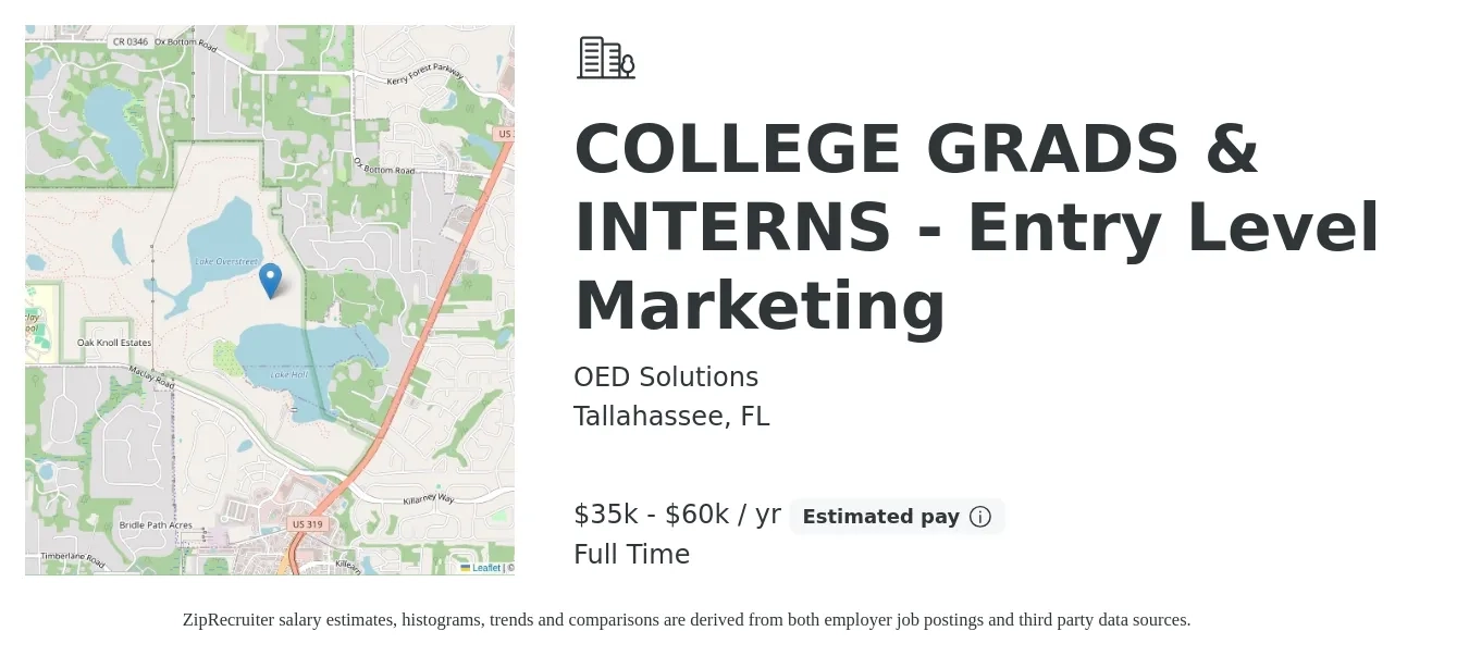 OED Solutions job posting for a COLLEGE GRADS & INTERNS - Entry Level Marketing in Tallahassee, FL with a salary of $35,000 to $60,000 Yearly with a map of Tallahassee location.