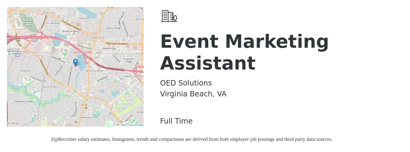OED Solutions job posting for a Event Marketing Assistant in Virginia Beach, VA with a salary of $35,000 to $60,000 Yearly with a map of Virginia Beach location.