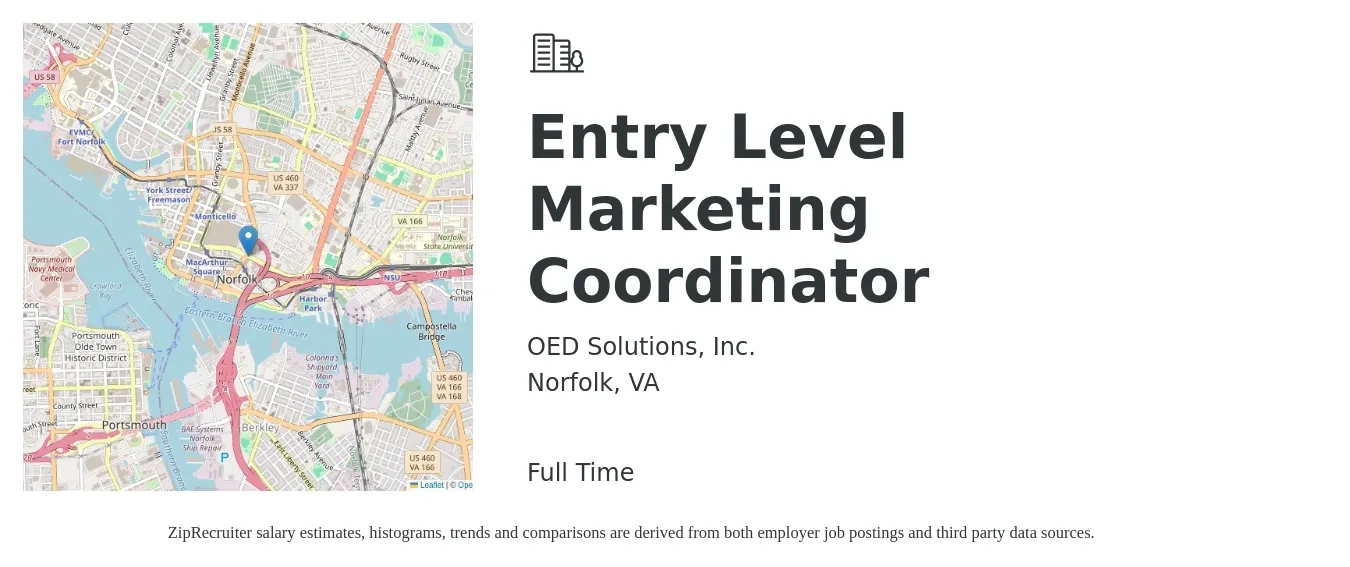 OED Solutions job posting for a Entry Level Marketing Coordinator in Norfolk, VA with a salary of $35,000 to $60,000 Yearly with a map of Norfolk location.