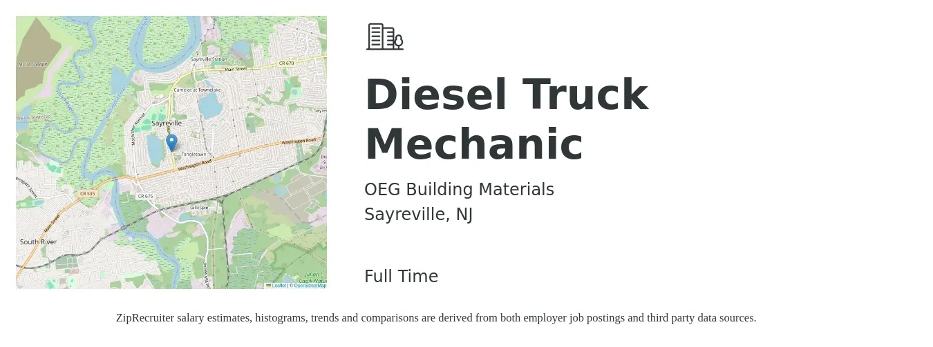 OEG Building Materials job posting for a Diesel Truck Mechanic in Sayreville, NJ with a salary of $25 to $30 Hourly with a map of Sayreville location.