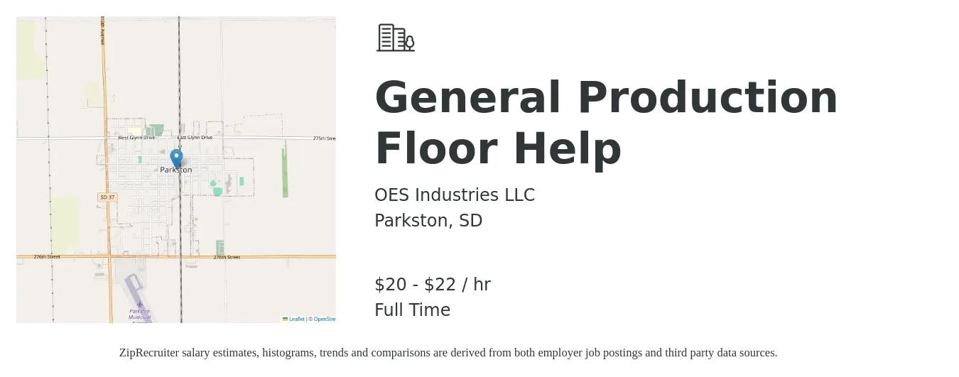 OES Industries LLC job posting for a General Production Floor Help in Parkston, SD with a salary of $21 to $23 Hourly with a map of Parkston location.