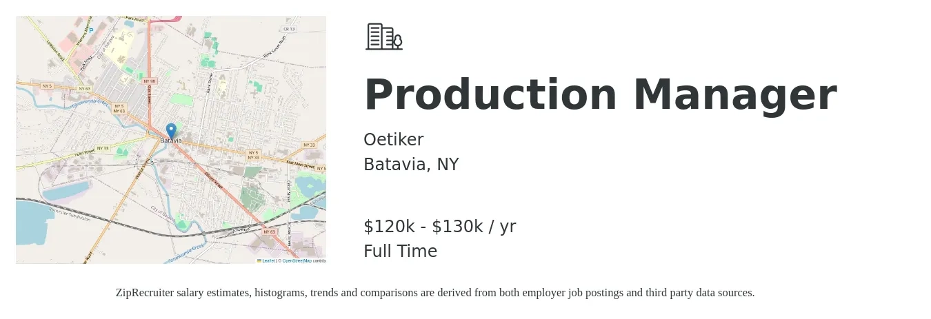 Oetiker job posting for a Production Manager in Batavia, NY with a salary of $120,000 to $130,000 Yearly with a map of Batavia location.