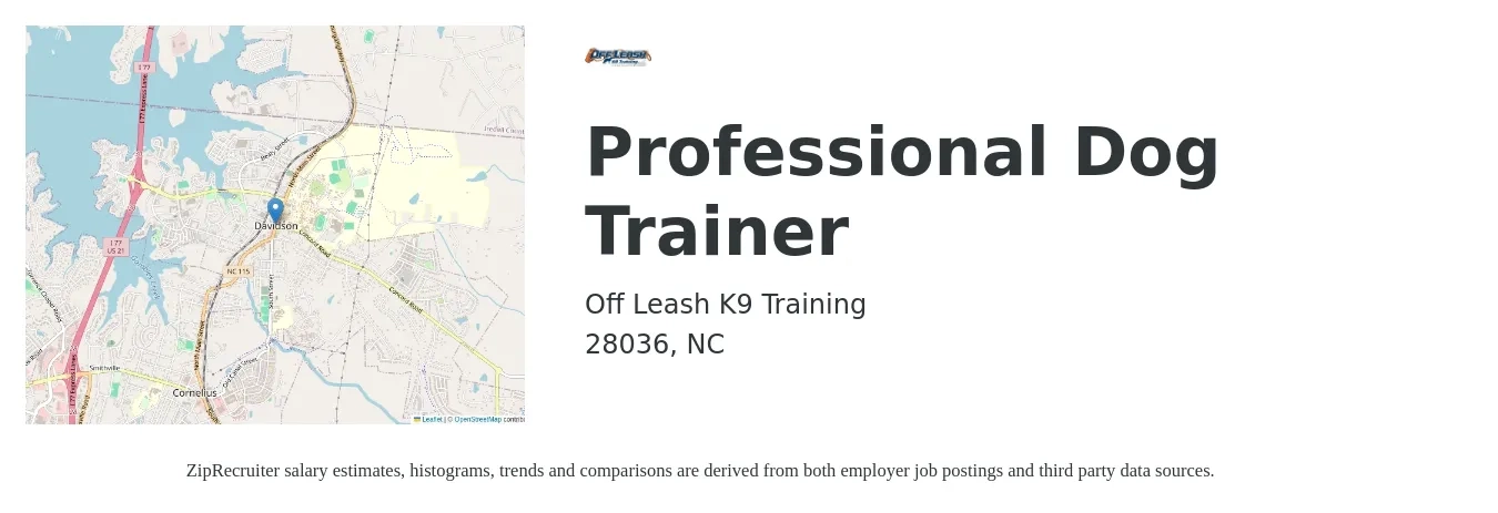 Off Leash K9 Training job posting for a Professional Dog Trainer in 28036, NC with a salary of $60,000 Yearly with a map of 28036 location.